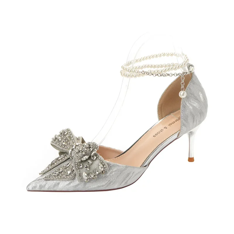 2025 Summer Fashion Pointed Toe Sandals Women's Rhinestone Pearl Butterfly Gold Silver High Heels Party Wedding Plus Size Shoes