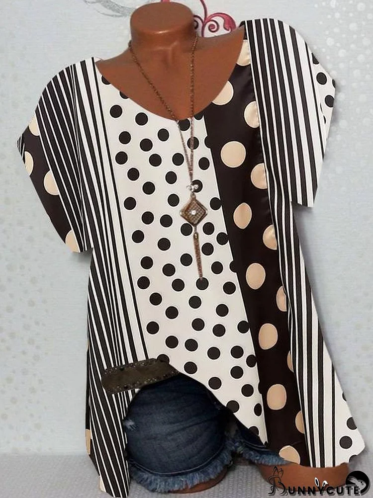 Women Short Sleeve Scoop Neck Striped Polka Dot Top