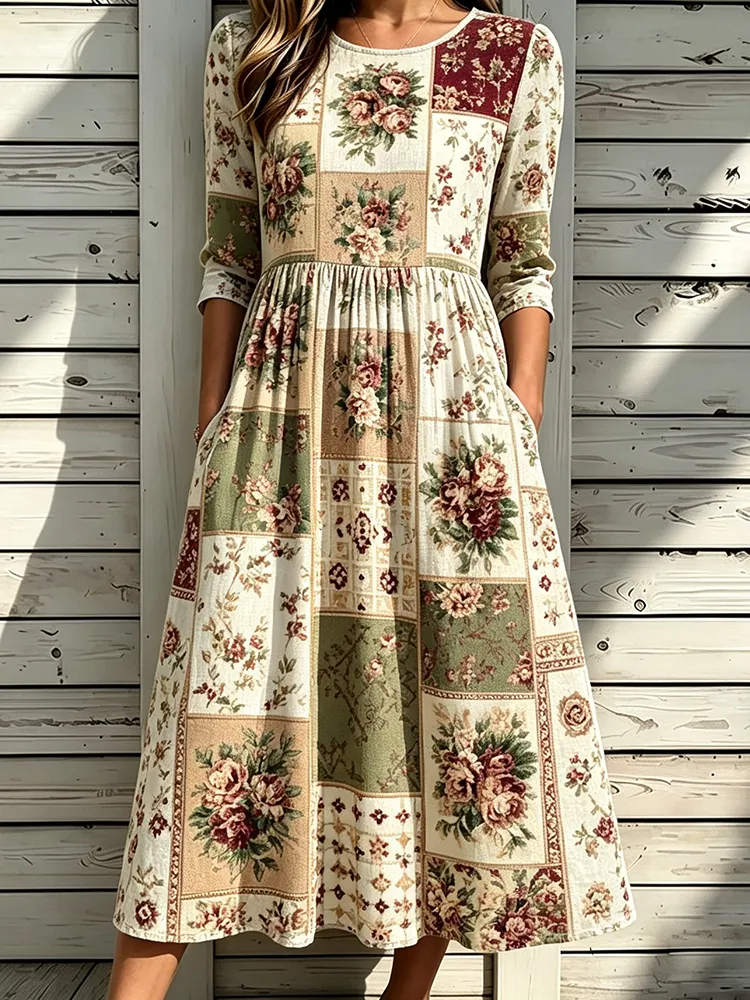 Women's Vintage Mid-sleeve Midi Dress - Elegant Patchwork Floral And Retro Geometric Check Print Casual Dress