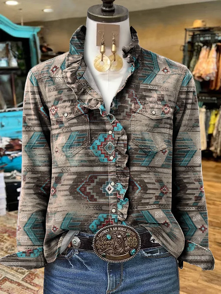 Women's Aztac Print Casual Long Sleeve Comfortable Cotton Shirt