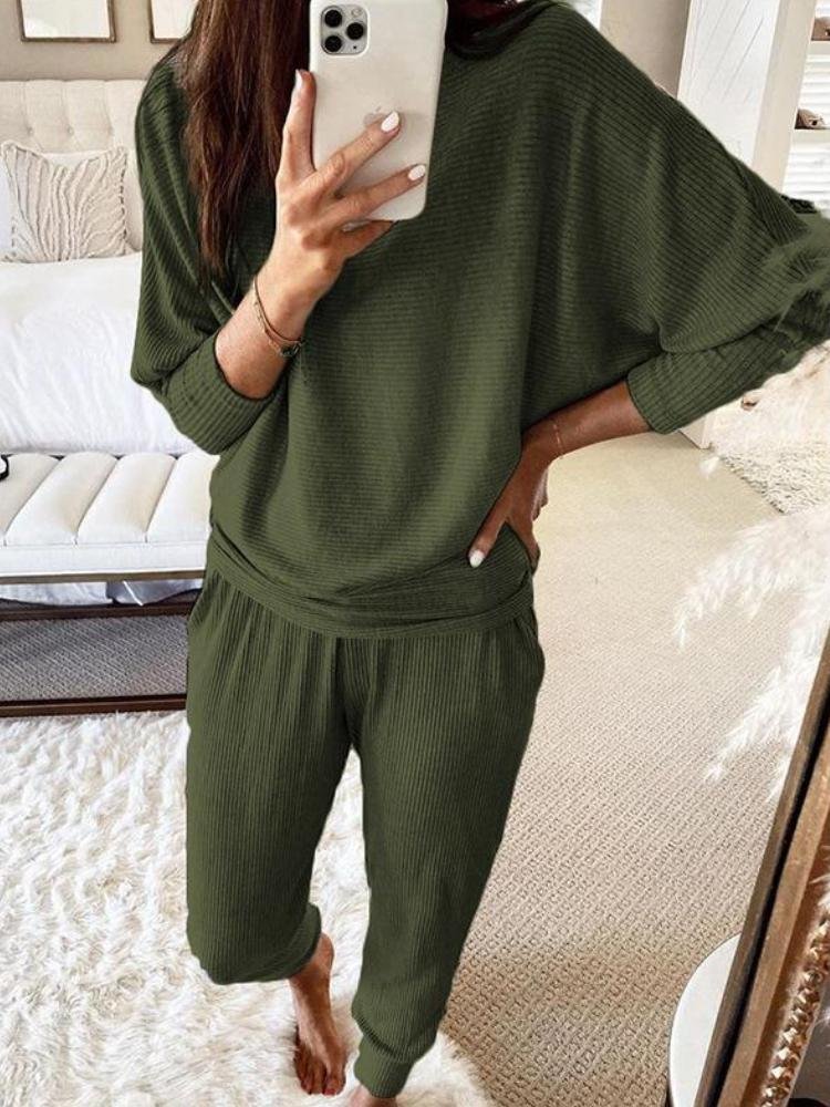 Casual Loose Solid Color Long-Sleeved Knitted Set