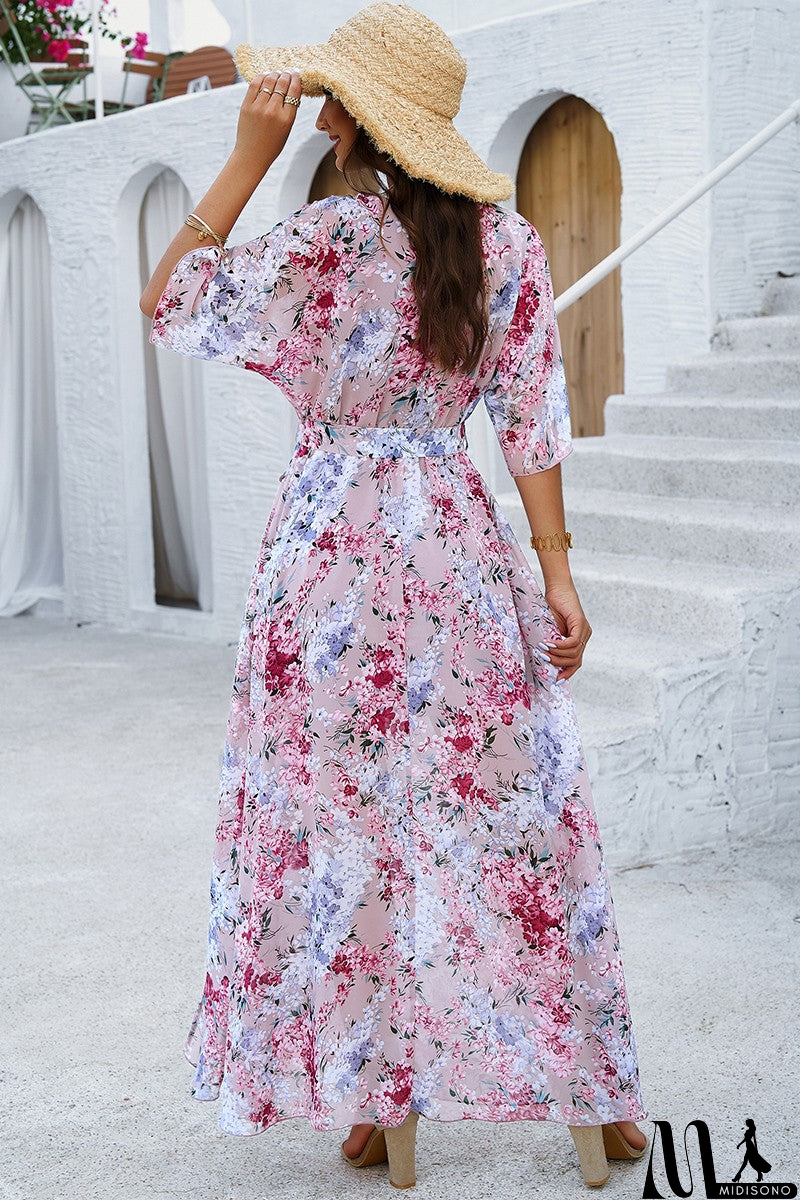 MidiSono - Floral Cross V Neck Belt Side Open Fit Dress