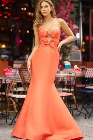Ovlias Fabulous Orange Strapless Cut Out Bowknot Sheath Satin Evening Dress LY0701