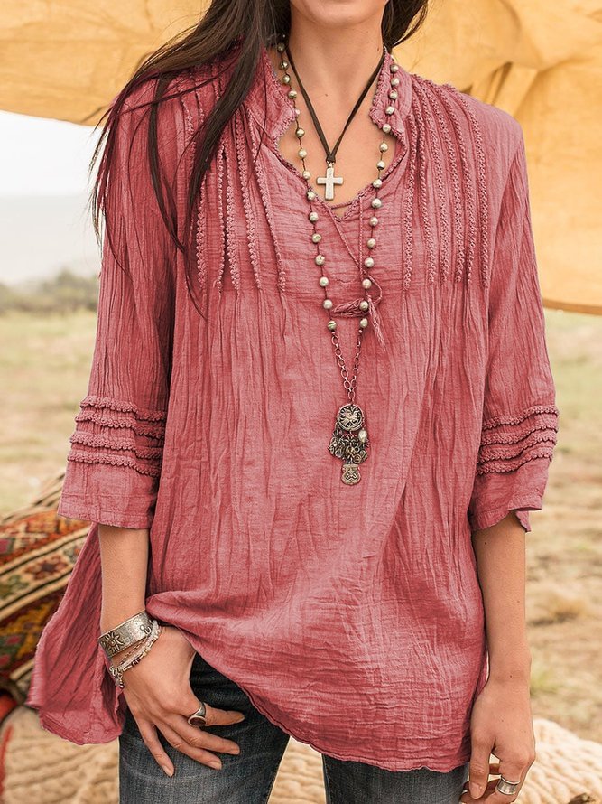 Women Boho Guipure Lace Linen T-shirts&Blouses