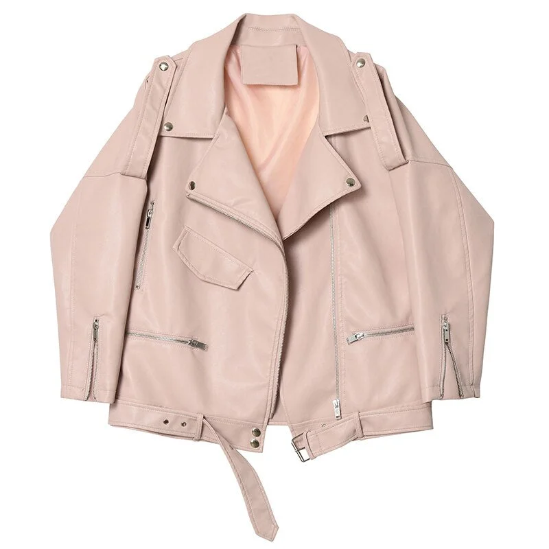 Ailegogo Spring Autumn Women Coat Loose Streetwear Pu Fuax Leather Jacket BF Style Turn Down Collar Zipper Black Pink Overcoat
