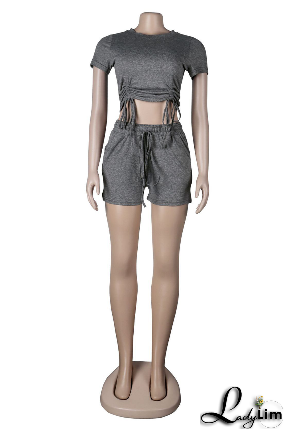 Rose Red Fashion Solid Draw String O Neck Short Sleeve Two Pieces