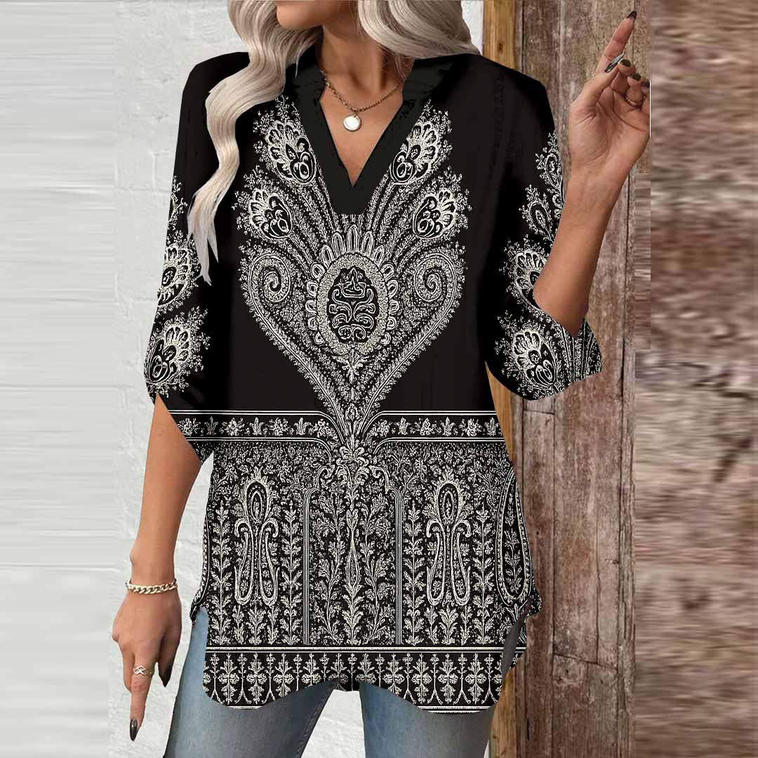 Women Black, Perris, White DZGA0381 3/4 Sleeve V-neck Printed Graphic Button Tops