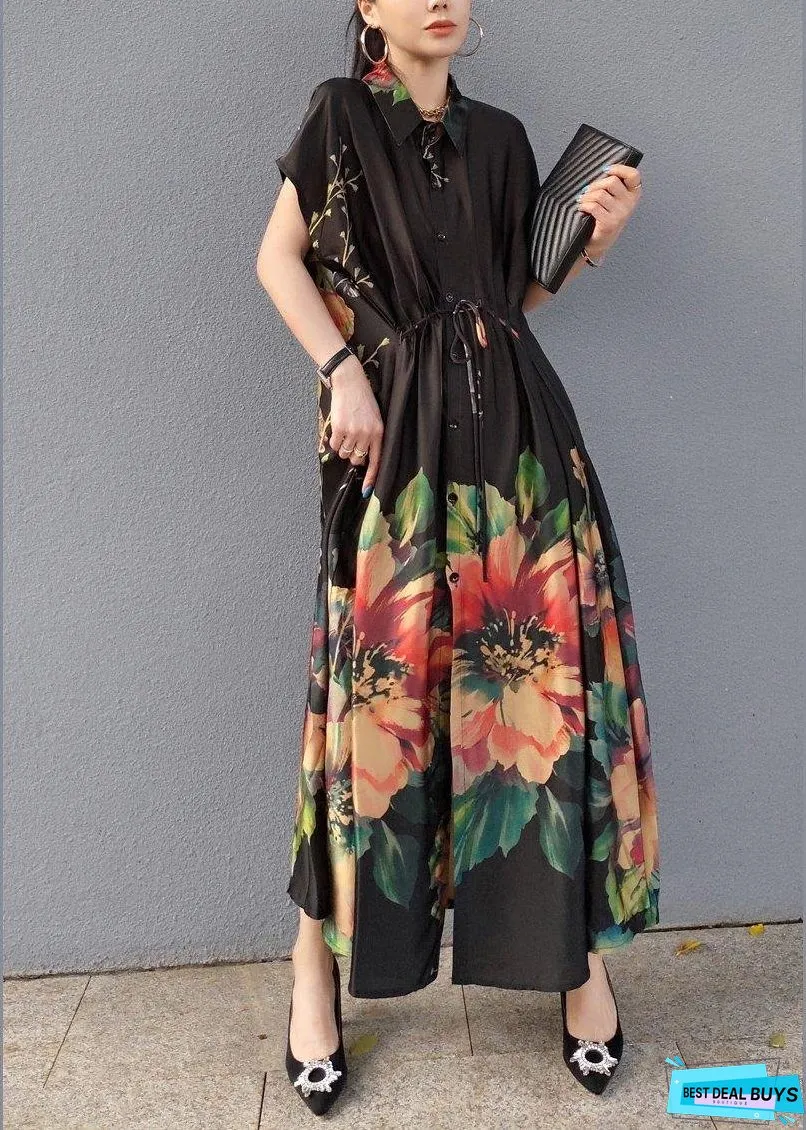 Women Lapel Drawstring Spring Tunic Sleeve Black Print Robe Dresses