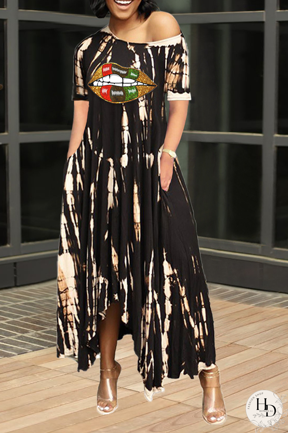 Tangerine Red Casual Print Split Joint One Shoulder Irregular Dress Dresses