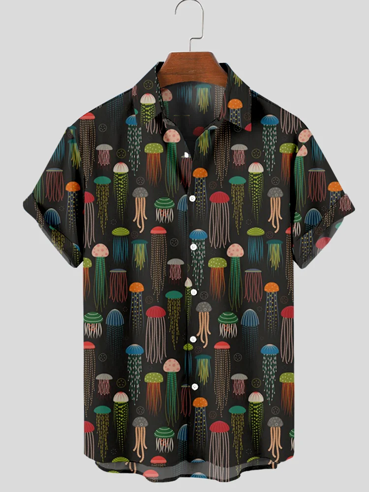 Colorful Jellyfish Art Pattern Short Sleeve Hawaiian Shirt