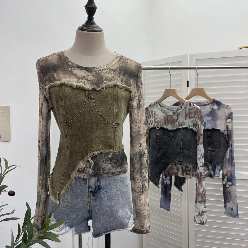 Uveng Solid Shooting Tie-Dye Print Spliced Denim T-Shirt Girl Autumn Design Sense Irregular Hair Side Short-Sleeved Top 2617