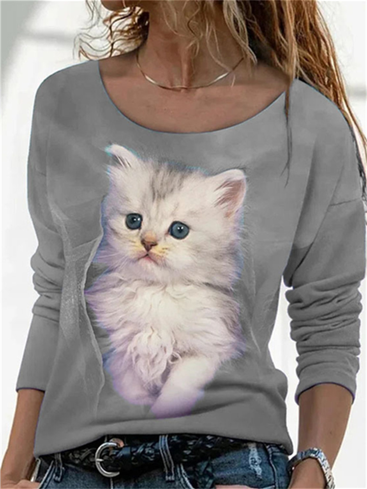 White Cat Print Pattern Round Neck Long Sleeve T-shirt Tops Green Gray Red Blue Pink