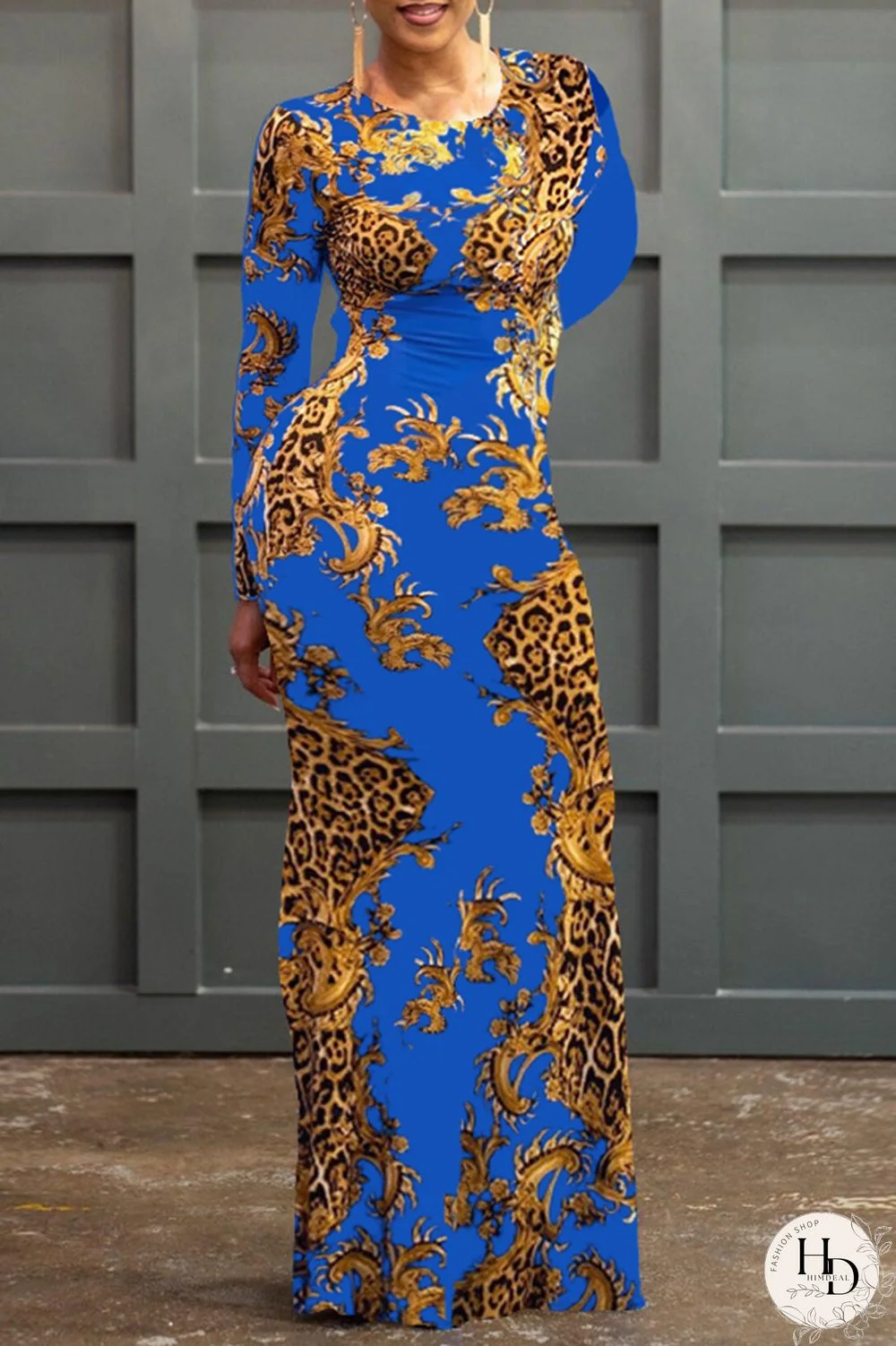 Black Fashion Sexy Print Hollowed Out O Neck Long Sleeve Dresses