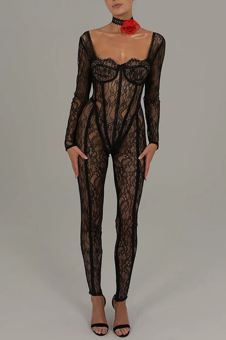 Lace Corset Long Sleeve U-Shaped Backless High Waist Slim Fit Jumpsuit-Black [Pre Order]