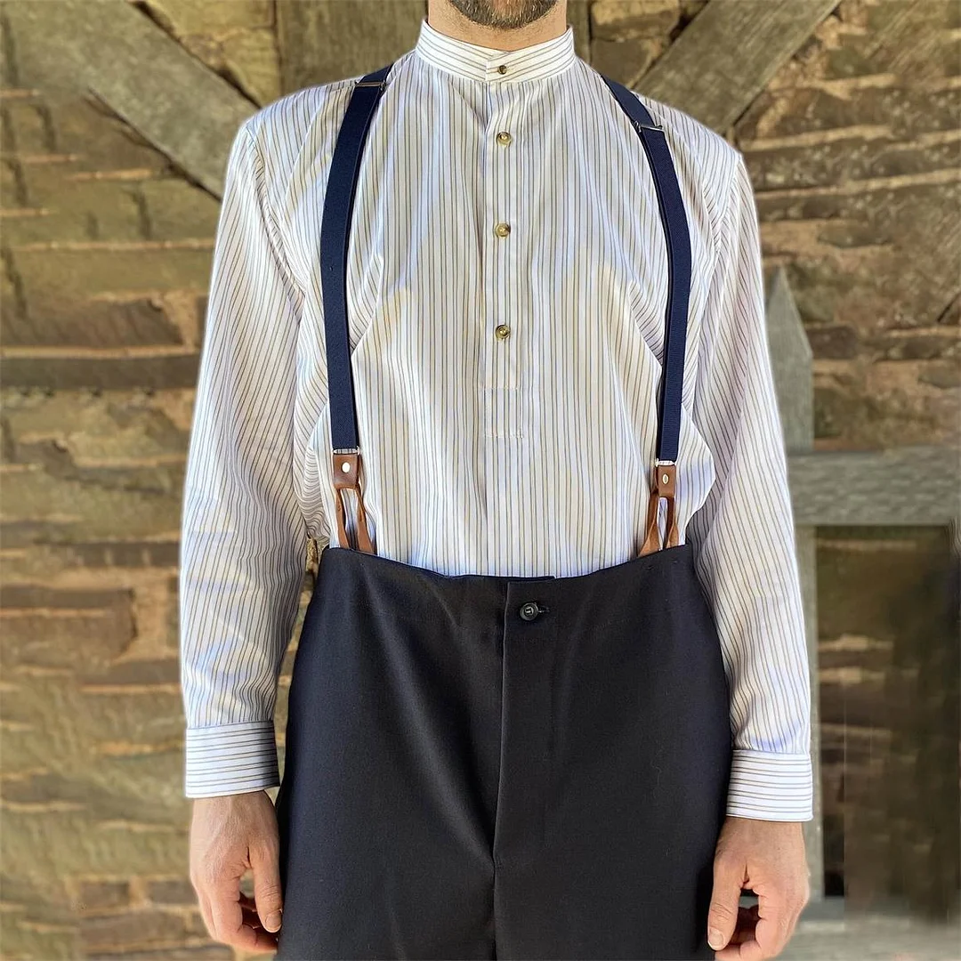 Collarless Shirt Vintage Stripe Long Sleeve Daily Tops White-inspireuse