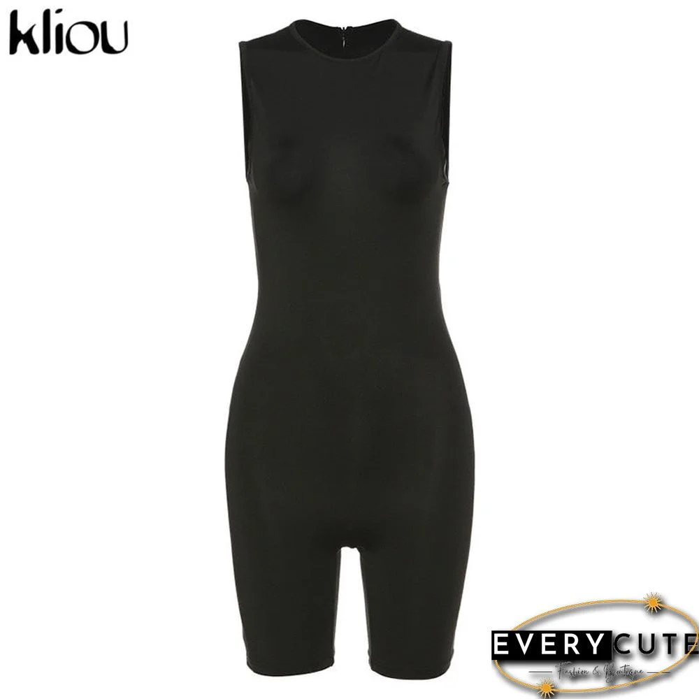 Kliou zipper rompers women summer clothes playsuits sleeveless o-neck solid casual romper slim elastic fitness sportswear outfit