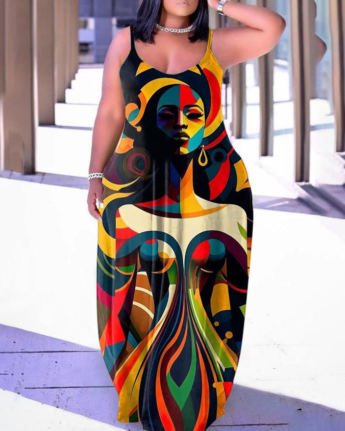 Colorful Lines Tribal Girl Woman Oil Painting Pocket Dresss