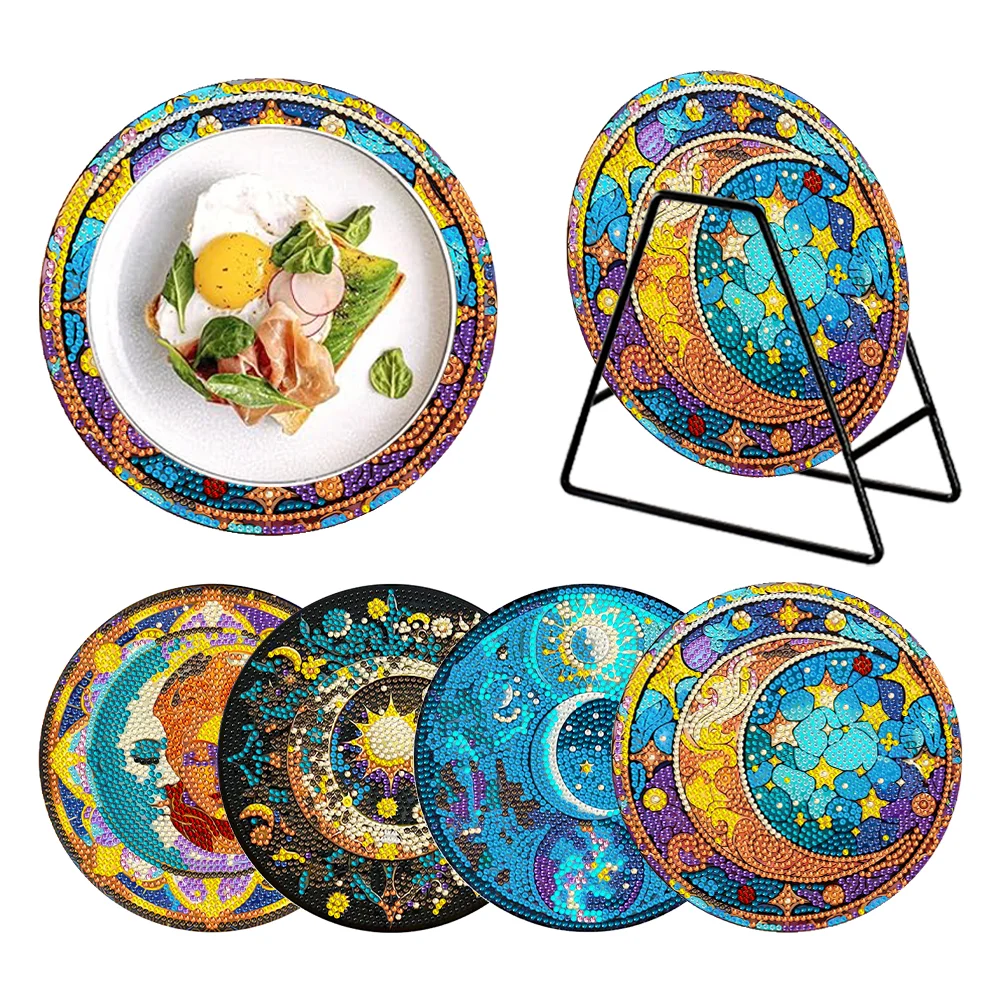4 Pcs Moon and Stars Acrylic Diamond Painted Placemats Tableware Mat with Holder