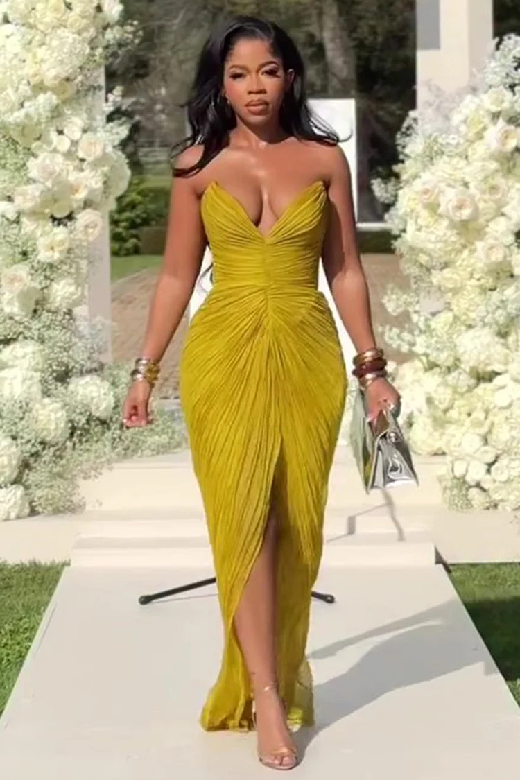 V Neck Strapless Wrinkle Front Slit Party Maxi Dresses-Yellow [Pre Order]