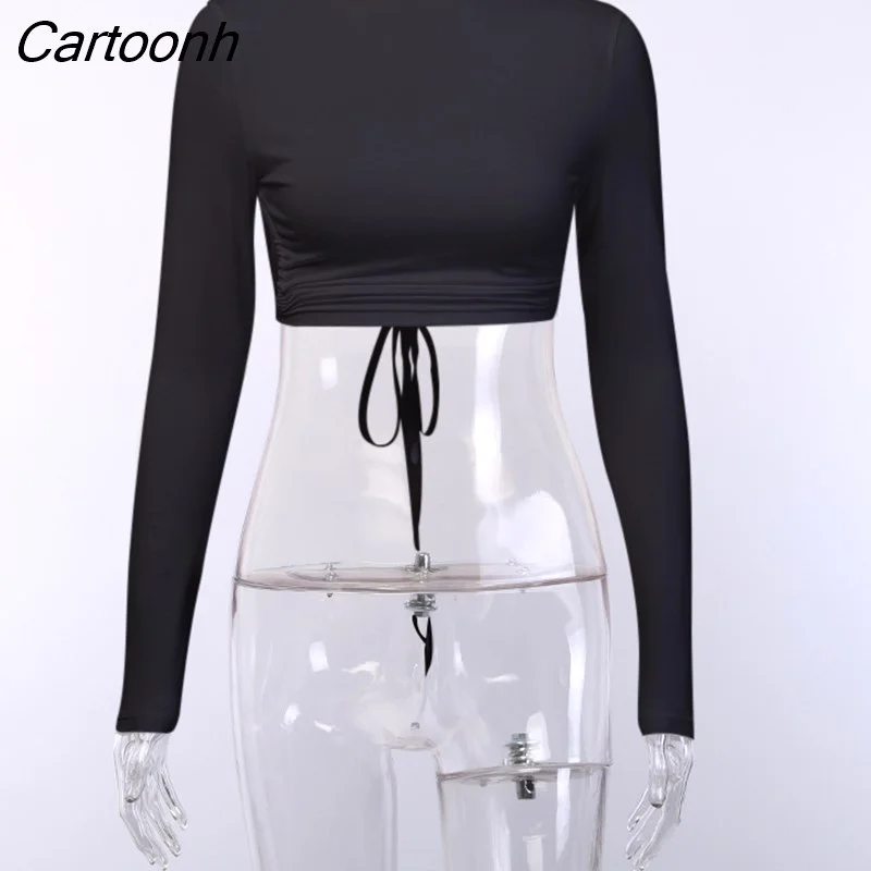 Cartoonh Backless Long Sleeve T shirt Tops Women 2023 Summer Cut Out Bandage Crop Top Clubwear White Pink