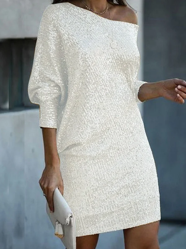 Solid Color Sequined Asymmetric Three-Quarter Sleeves Puff Sleeves One-Shoulder Mini Dresses