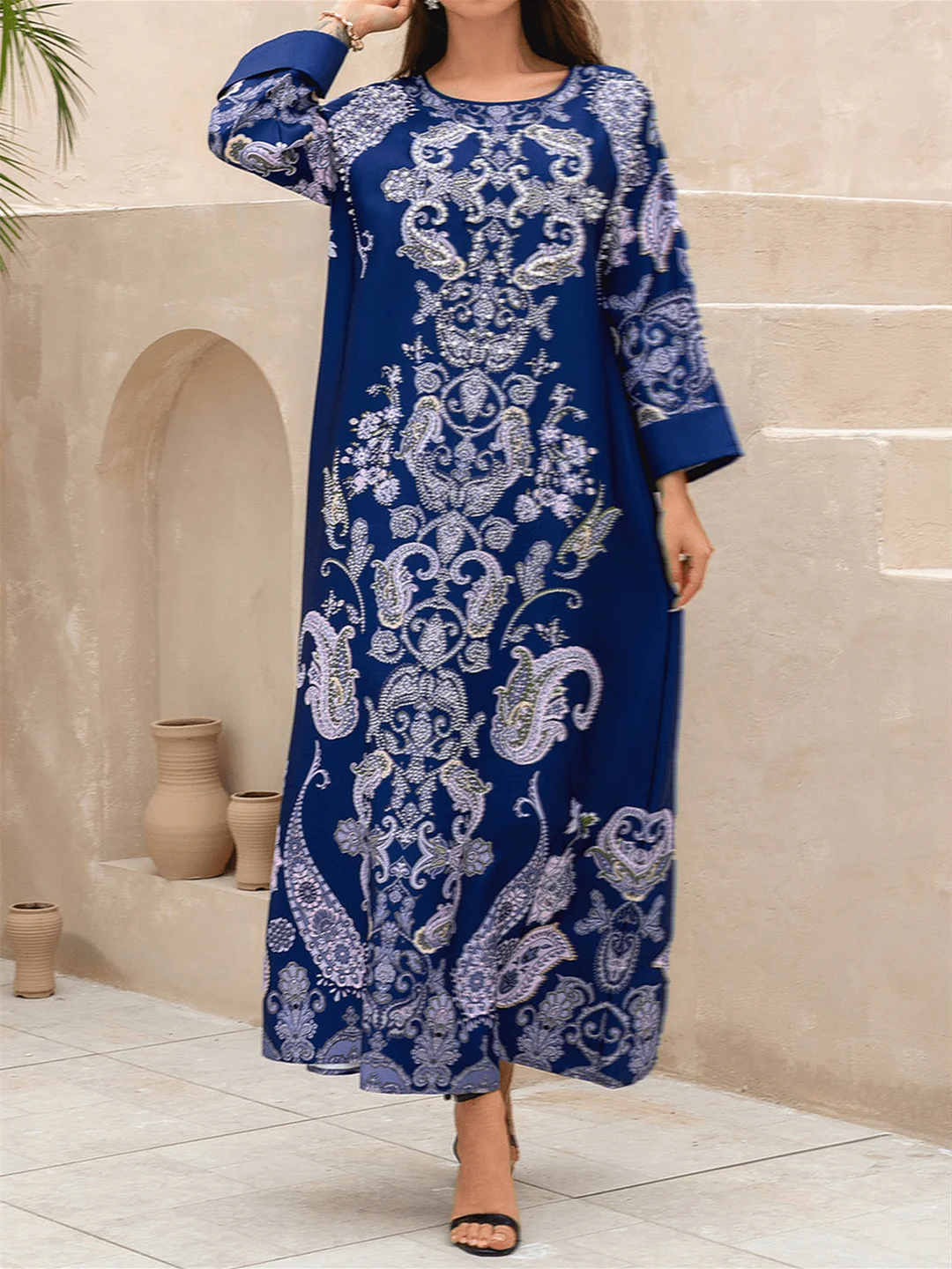 Women's Long Sleeve Scoop Neck Graphic Printed Sequins Maxi Dress
