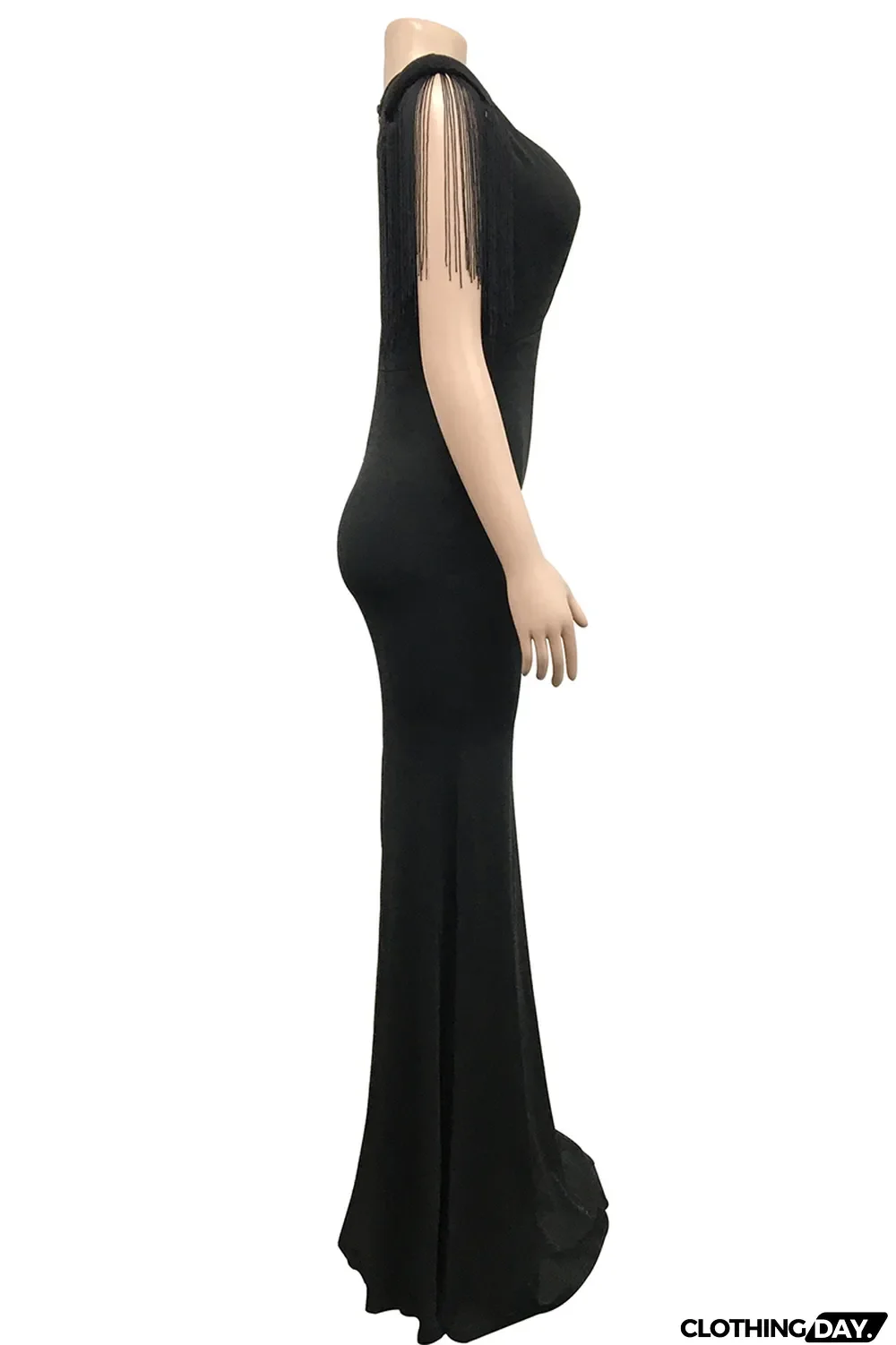 Black Fashion Sexy Solid Tassel Patchwork V Neck Long Dress