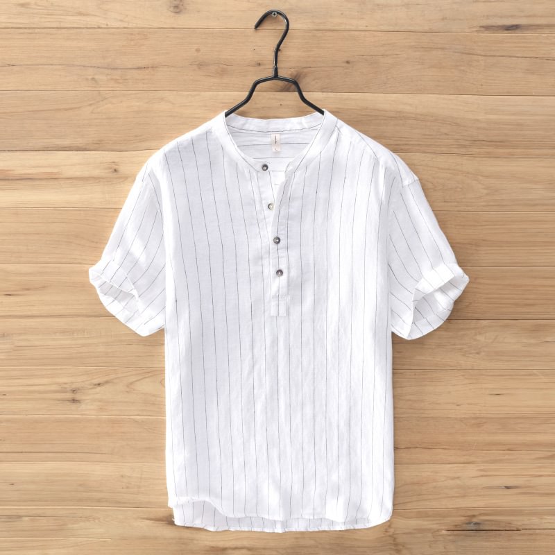 Men's casual cotton and linen striped short-sleeved shirt