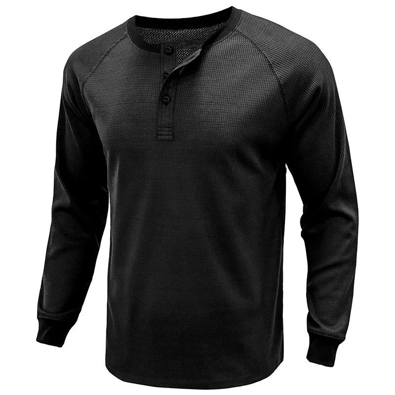 Men's Long-Sleeved Waffle Bottoming Henley Shirt  Tough Men Wear Solid Color Khaki & 6 More Colors