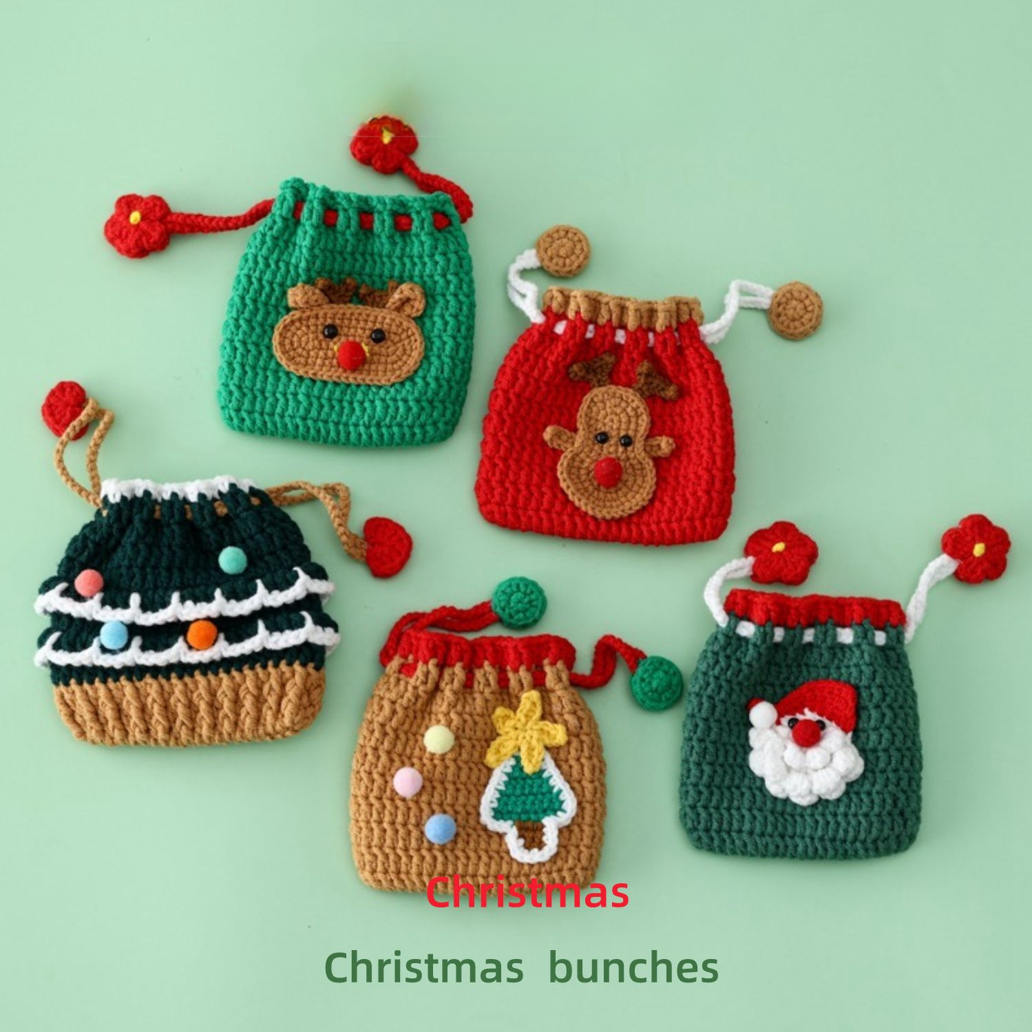 DIY Christmas Crochet Kit: Reindeer Drawstring Bag & Tree Pouch Craft Set