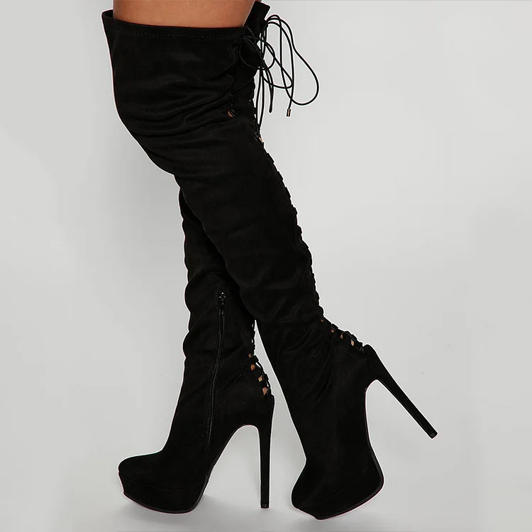 Classic Almond Toe Thigh High Black Stiletto High Heel Platform Boots Vdcoo