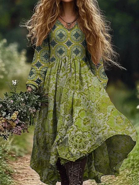 Retro Boho Floral Art Print Vintage Chic V-Ausschnitt Langarm Midi-Kleid
