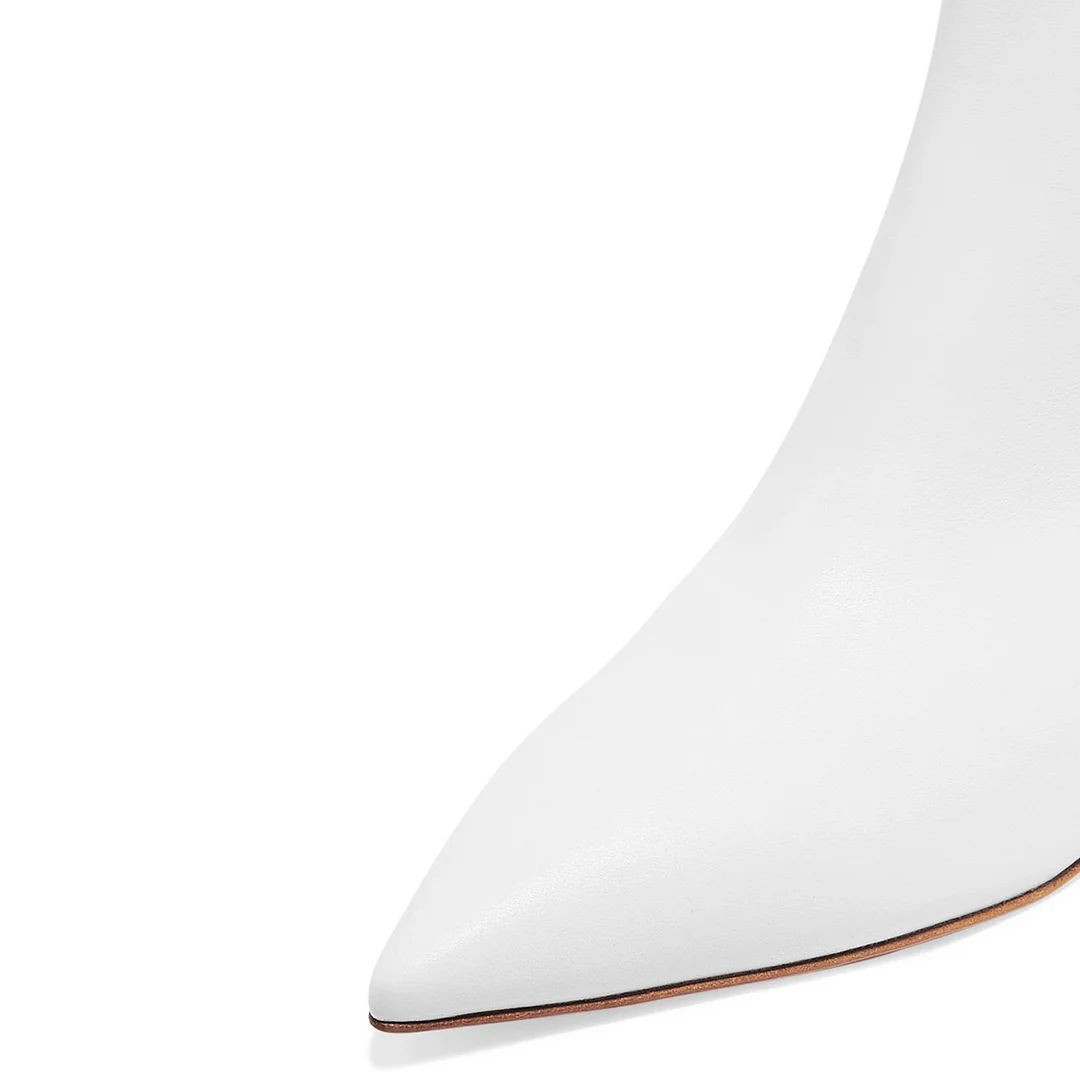 White Vegan Leather Side-Zip Studded Ankle Boots with Kitten Heel