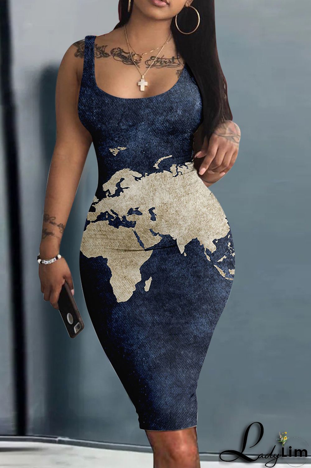 Navy Blue Fashion Sexy Print Basic U Neck Vest Dress