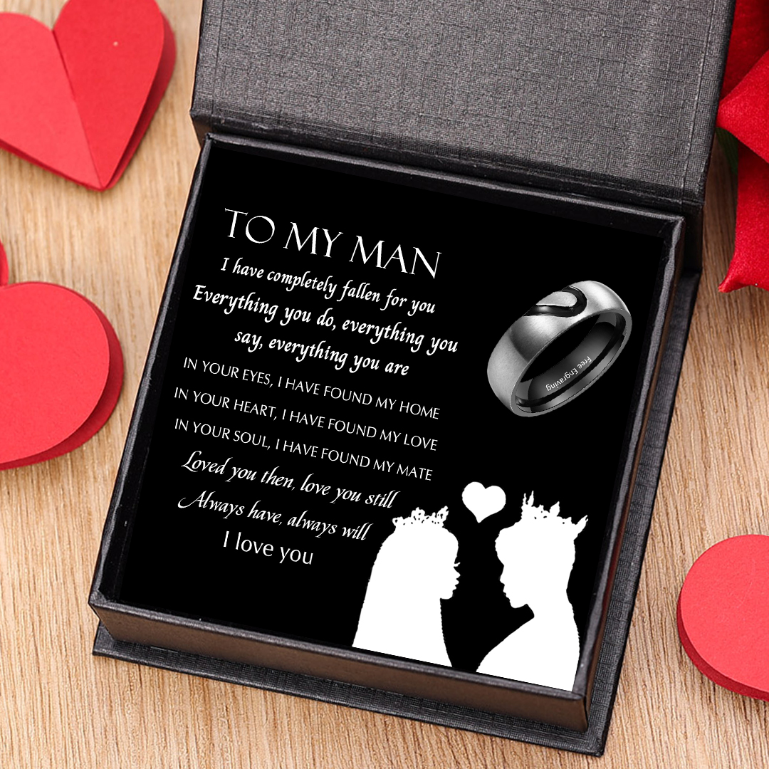 To My Man Ring Set Promise Ring for Couple Heart Matching Ring Engraving Text Black Personalised Ring for Him
