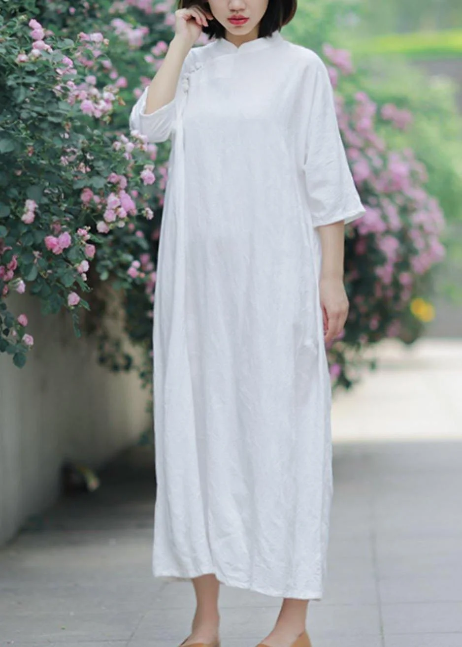 Unique stand collar half sleeve linen summerLong Shirts Tunic dress white Dress