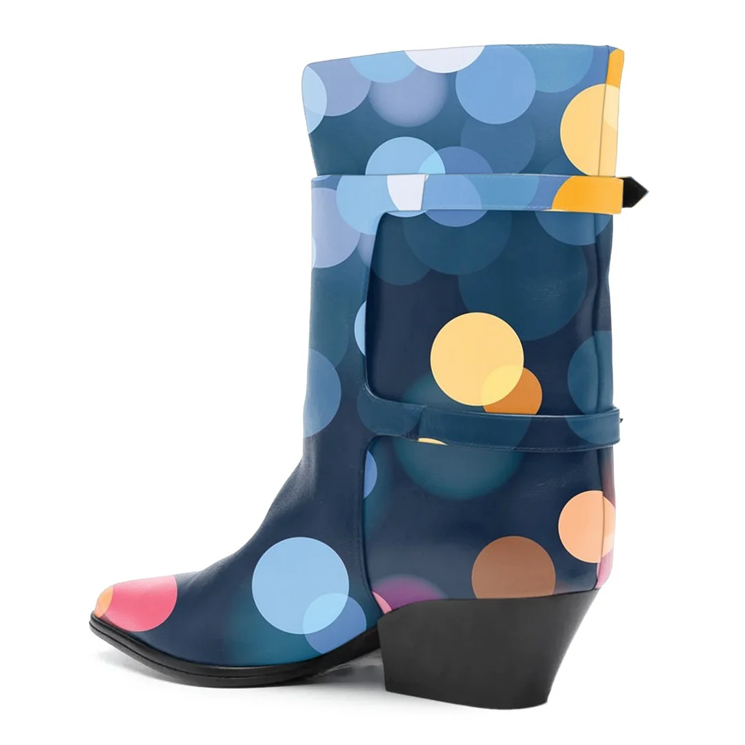 Multicolor Wide Calf Buckle Strap Polka Dot Booties for Women