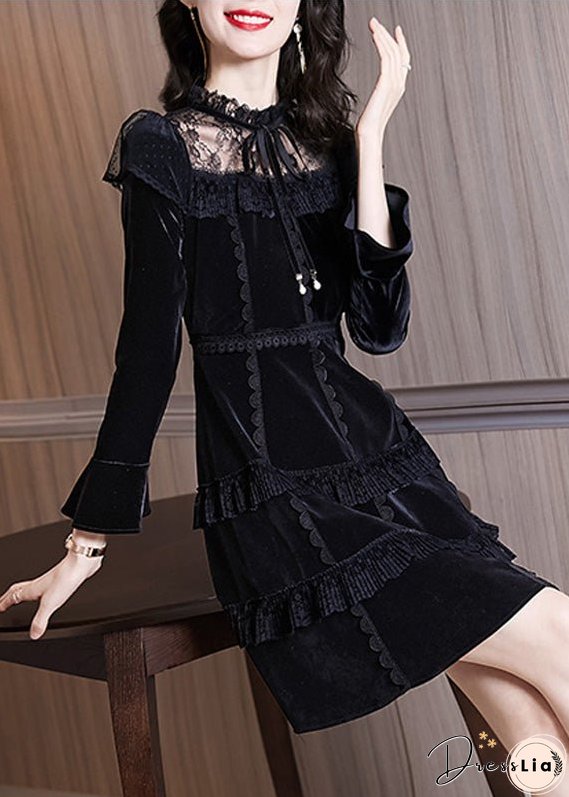 Stylish Black Ruffled Neck Tie Lace Patchwork Silk Velour Mid Dress Long Sleeve