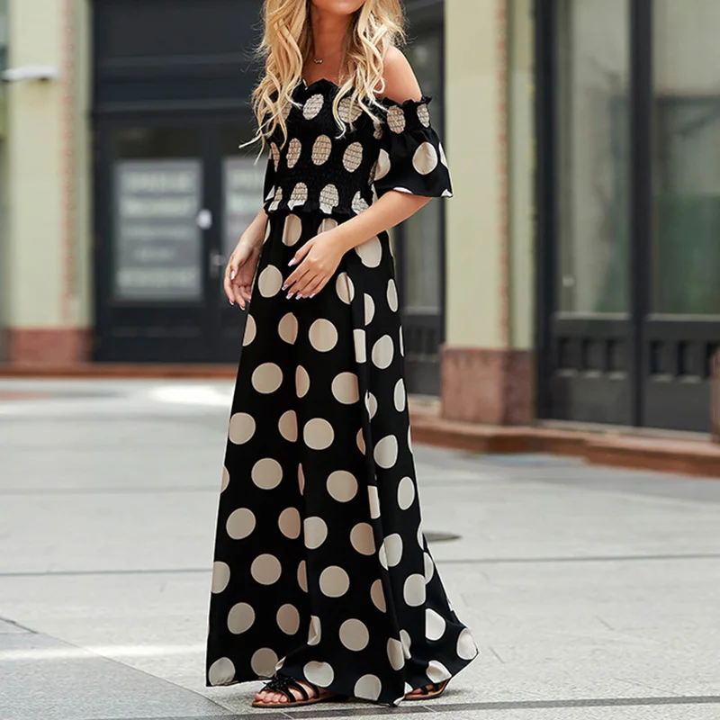Elegant One Shoulder Polka Dot Maxi Dress