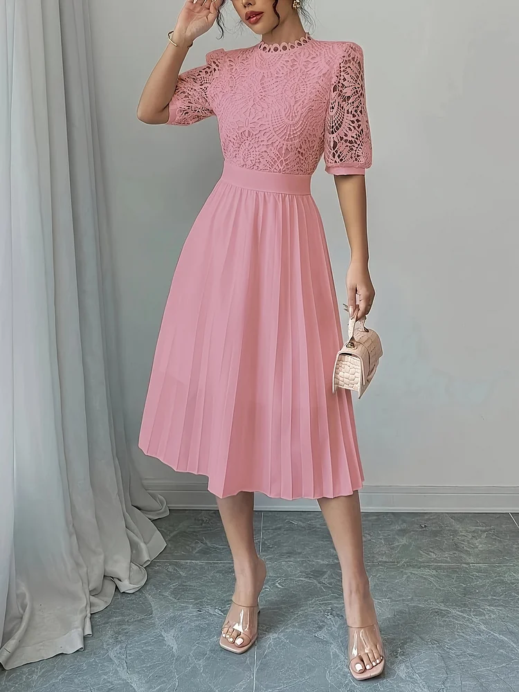 Women's Elegant Pleated Bubble Sleeve Slim Fit Waist Contrast Lace Decor Mini Dress In Stretch Fabric