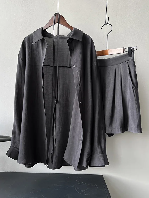 Loose Solid Color Long Sleeves Blouse + Pleated Shorts Two Pieces Set