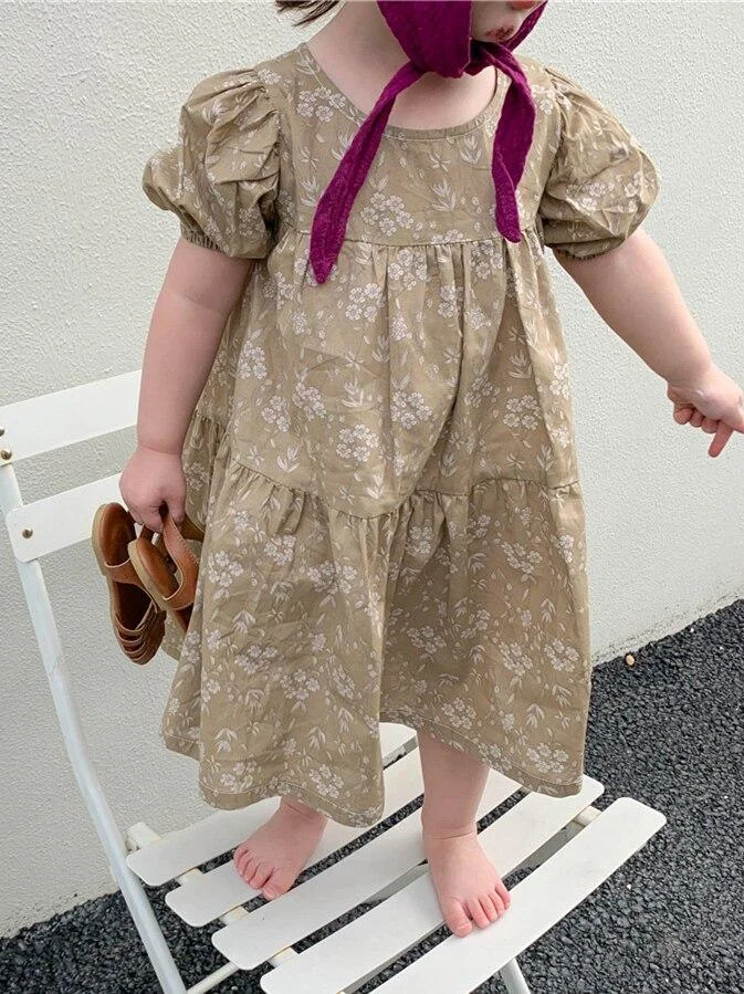 Green Floral Baby Spring Summer Girls Dress Kids Teenagers Children Clothes Outwear Special Occasion Short Sleeve High Quality