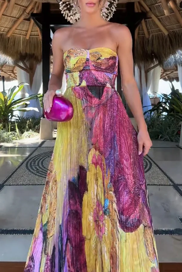 Vibrant and Bold Floral Print Sweetheart Neck Pleated Maxi Dress
