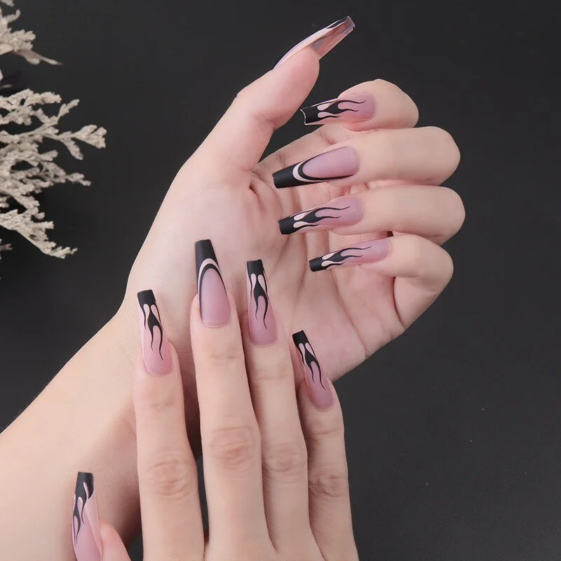 24PCS Dark Punk False Nails with Glue Gradient Long Detachable Fire Dragon  on Nails Skull Flame Art DIY Fashion Manicure Tool-Nail Inspo