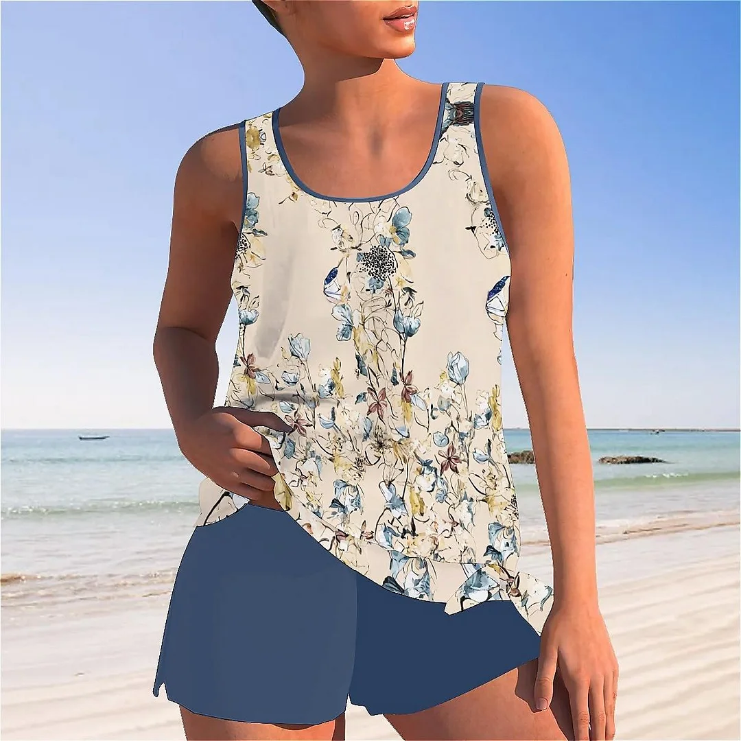 Bowknot Apricot,Floral,Blue Mid Waisted Tankini Set - Plus Size Available