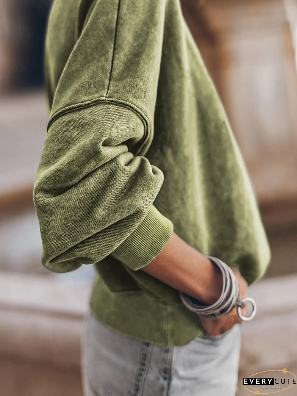 Green Vintage Drop Shoulder Round Neck Pullover Sweatshirt