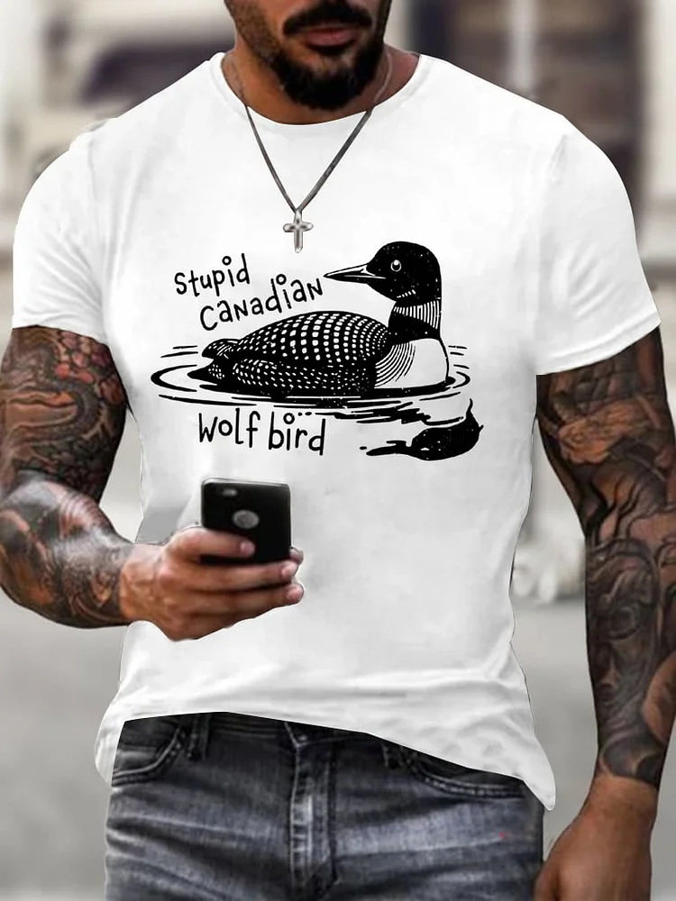 Men's Stupid Canadian Wolf Bird Print T-Shirt  socialshop