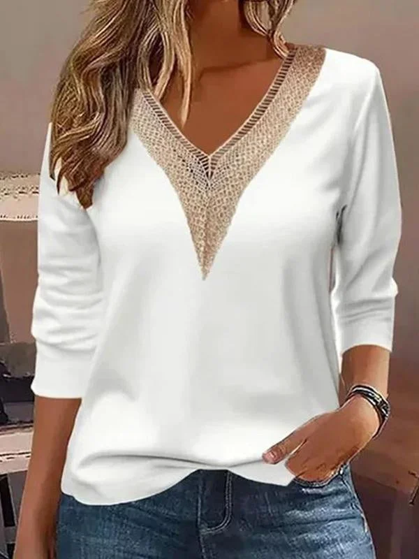 Women's Solid Color Lace V Neck Long Sleeve T-Shirt Top