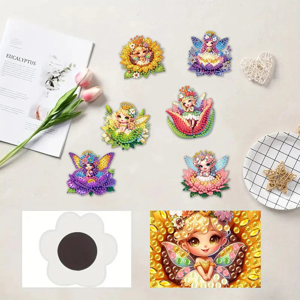 6pcs DIY Flower Elf Acrylic Special Shape Diamond Painting Fridge Magnets