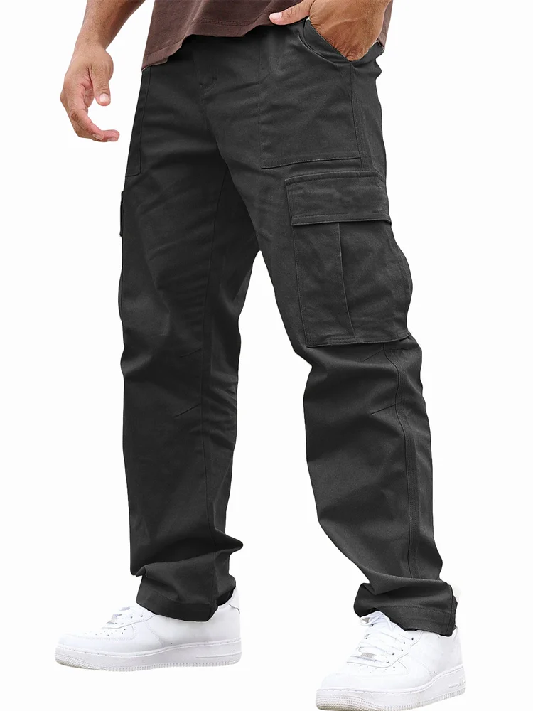 Men's Retro Big Pocket Workwear Solid Color Casual Sports Loose Straight Trousers